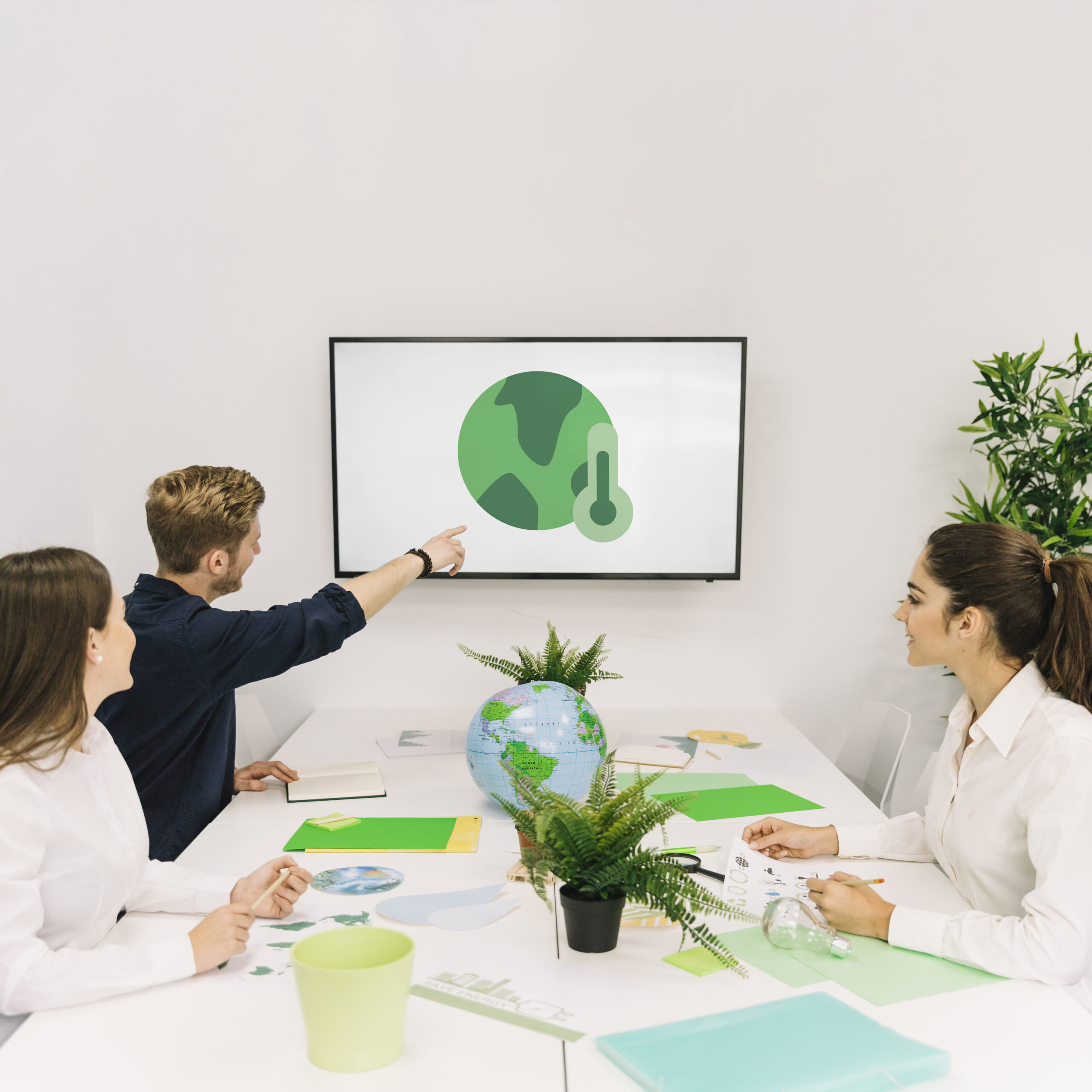 Three people in a meeting room look at a screen displaying an image of Earth and a thermometer, discussing environmental or climate issues.